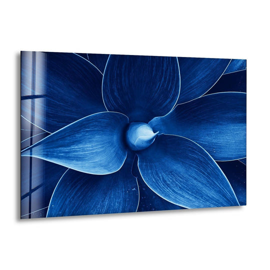 Swirling sapphire agave petals create a dynamic sense of movement in this glass wall art print.