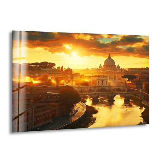 Featuring a brilliant sunset over Rome, the background of this art from glass illuminates St. Peter's Basilica and the Tiber River in this Rome View glass wall art.