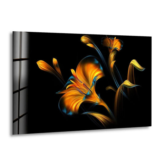Intense orange and electric blue hues burst from this abstract lily illustration on tempered glass wall art.