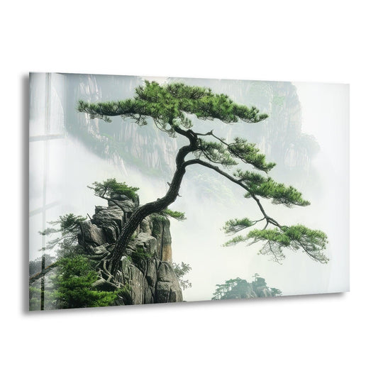 High-quality glass ensures this serene pine tree on mountain cliff art presents as unique modern wall decor, enhancing its tranquil nature scene.