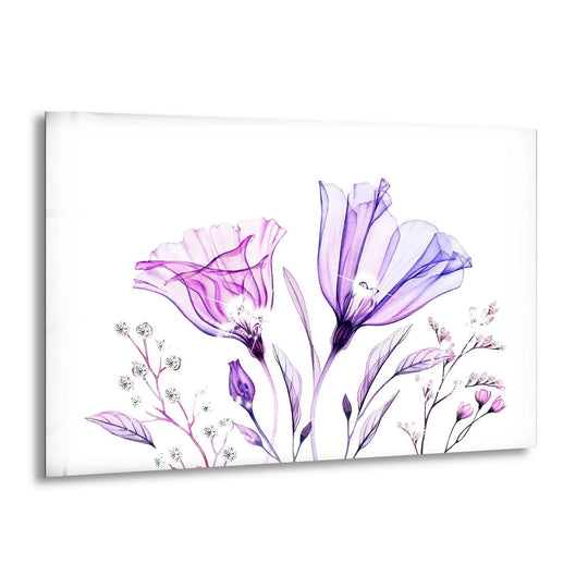 High color contrast emphasizes the delicate watercolor lisianthus bouquet in this glass wall art, a vibrant home decoration.
