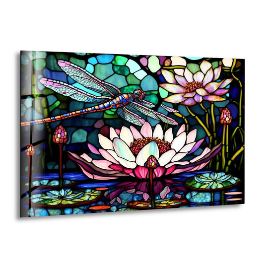 Translucent surface texture highlights the fine details of this stained glass dragonfly with flower glass printing, showcasing a mosaic of jewel-toned art.