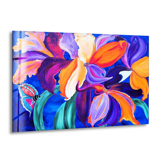 Depth and layers are showcased in this iris abstract painting glass print wall art through its bright, vivid colors and overlapping floral designs.