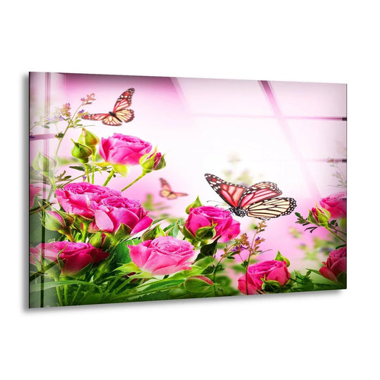 Pink Rose Butterfly Glass Wall Art, print picture on glass, Tempered Glass Wall Art