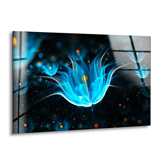 A horizontal tempered glass wall art displays a luminous blue fractal flower with vibrant orange and blue bokeh against a dark background.