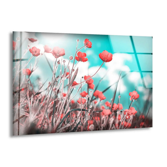 Vividly saturated red poppies blossom against a bright teal sky in this stunning decorative wall art.