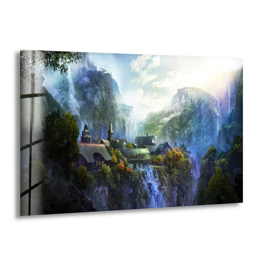 Sleek surface texture showcases the Hidden Valley Village Waterfalls Mountain Paradise glass wall art, enhancing its home decor appeal with glossy reflections.