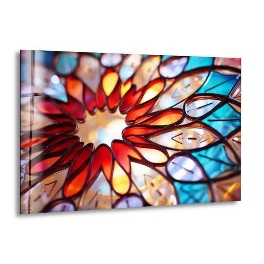 Close-up of floral stained glass art with vibrant red, orange, and blue petals and a metallic border.
