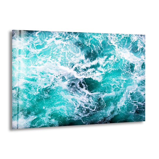 This Landscape churned up water glass wall art features shades of teal blue and white and is ocean wall decor and coastal home decor for ocean vibes