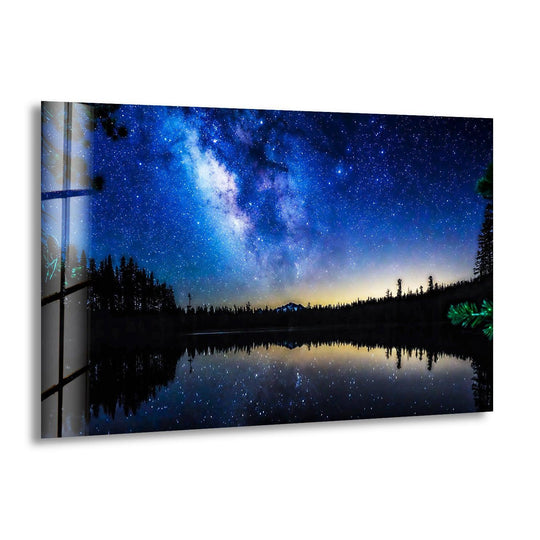 Dominated by deep blues, the glass art painting features a stunning night sky with a milky way reflection mirrored in a serene lake.