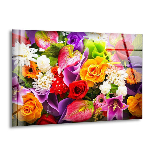 A vibrant glass wall art piece showcases a cool color temperature with bright pink, purple, and green flowers, functioning as unique modern wall decor.