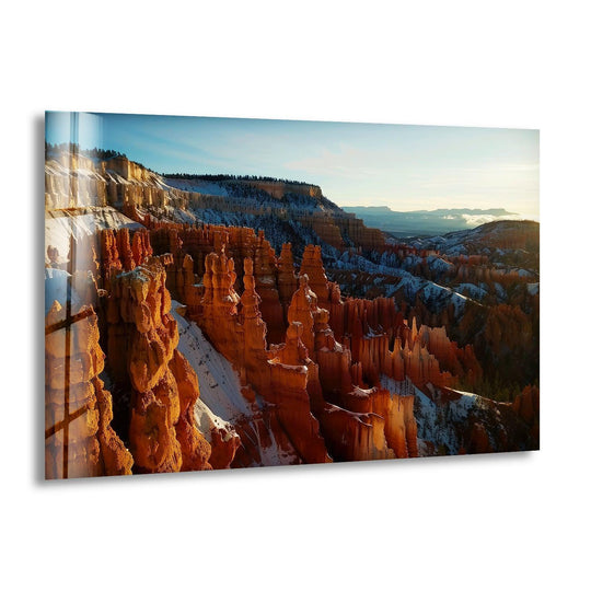 Detailed hoodoos define the foreground of this Bryce Canyon wall art prints, displaying the stunning landscape's intricate rock formations and winter snow.