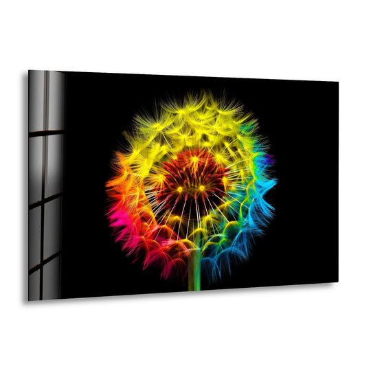A dark background frames a vibrant, rainbow-colored dandelion glass art painting.