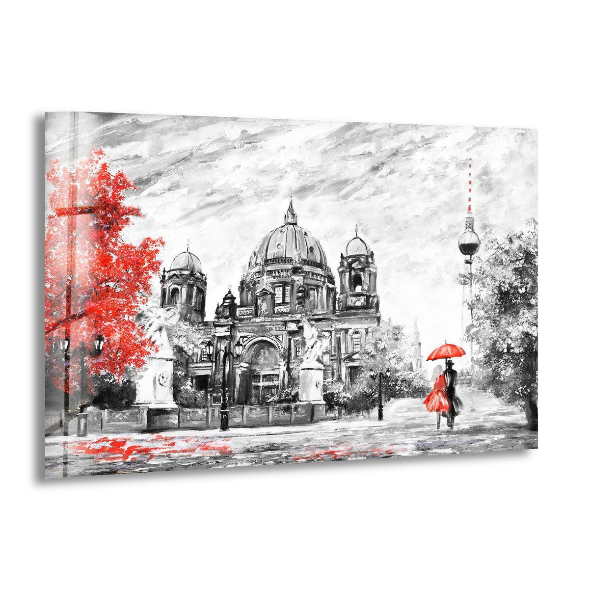 Smooth surface texture accentuates the grayscale Berlin street view glass printing, contrasting with the vibrant red accents of the umbrella and autumn foliage.