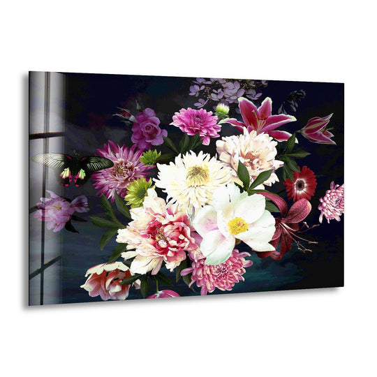 A dark floral botanical luxury glass printing features deep navy and vibrant pink peonies, lilies, and a butterfly.