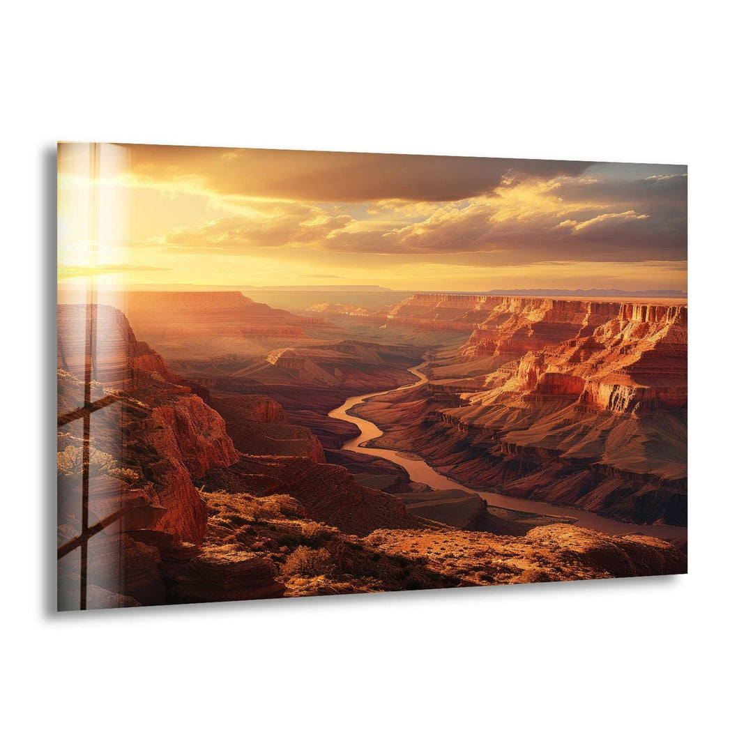 Glass wall art featuring a stunning sunset over the Grand Canyon.
