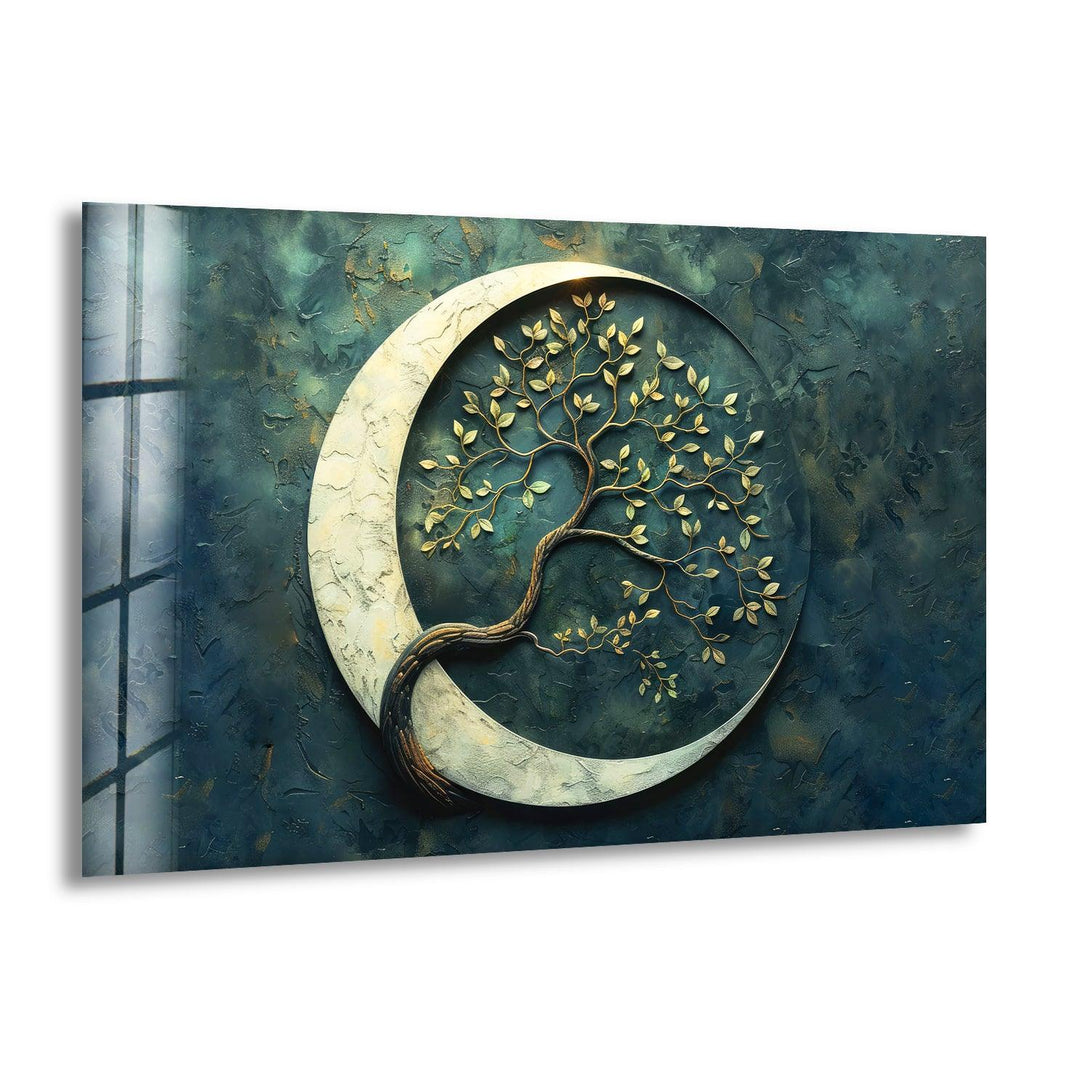 A mesmerizing crescent moon entwined with a flourishing tree, blending cosmic energy with nature’s grace.
