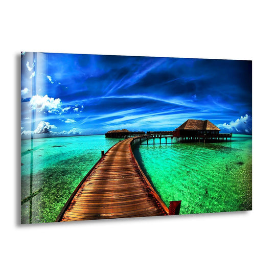 Highlighting the abstract quality, the overwater bungalow paradise displays vibrant turquoise hues and a stunning art from glass finish, creating an ethereal tropical escape.