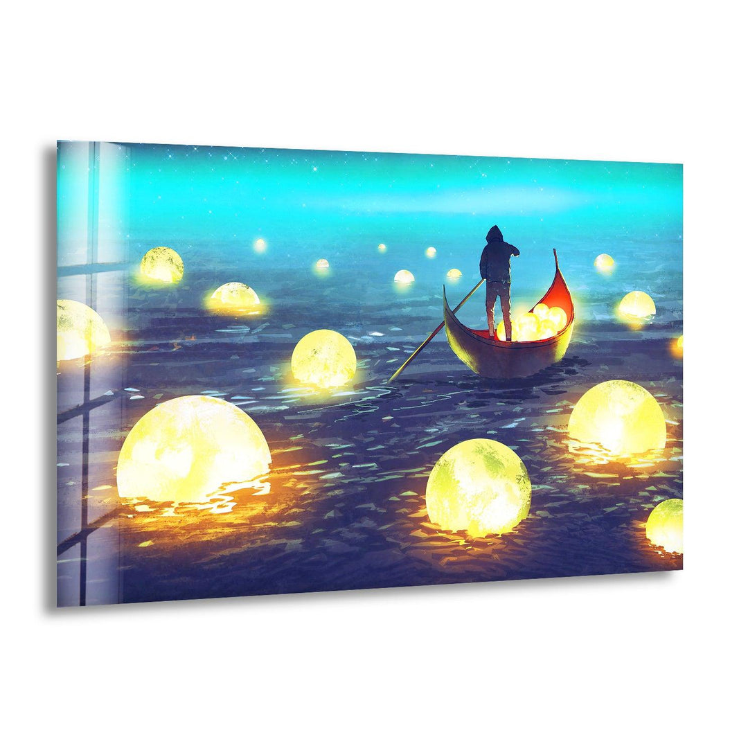 A surreal night scene featuring glowing moon-like orbs floating on calm waters.
