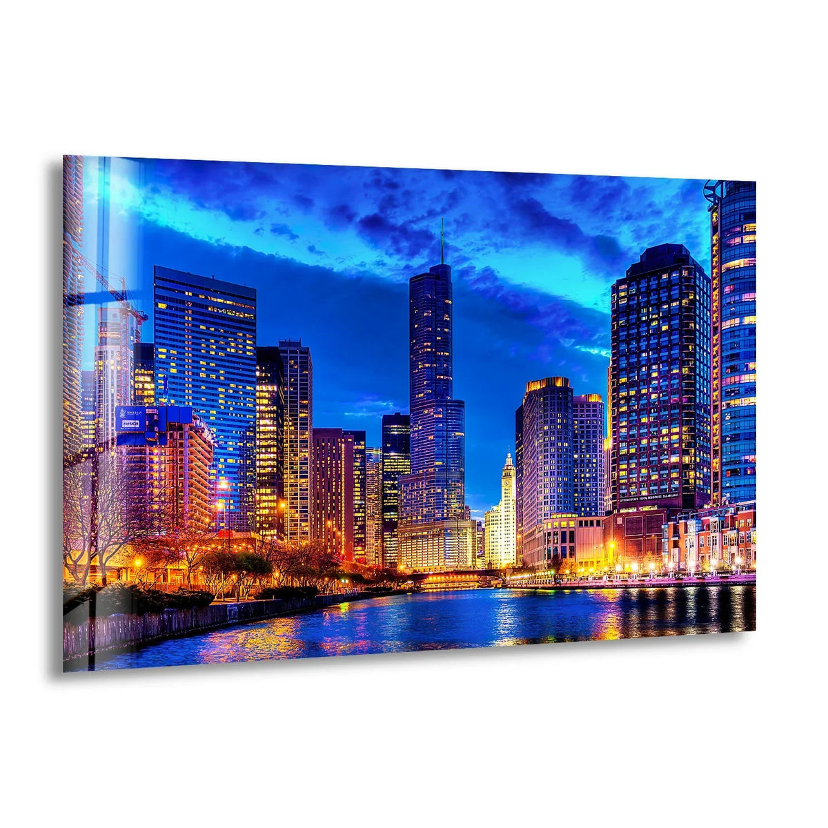 High-quality glass ensures crisp, vibrant colors in this Chicago City View glass wall art, enhancing any home decor with its stunning cityscape.