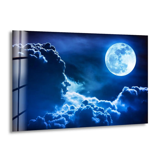Moonlit Sky and Clouds Glass Wall Art – A Stunning Celestial Nightscape
