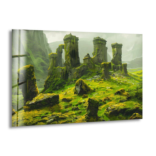 Dominantly green, the illustration landscape glass print wall art presents moss-covered ruins in a lush field, evoking a serene and ancient atmosphere.