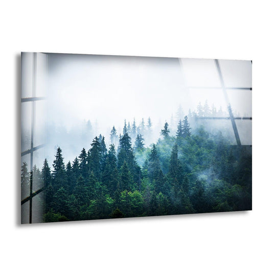 Foggy forest nature glass wall art shows misty evergreen trees and creates a serene atmosphere with foggy forest nature paintings for sale and landscapes