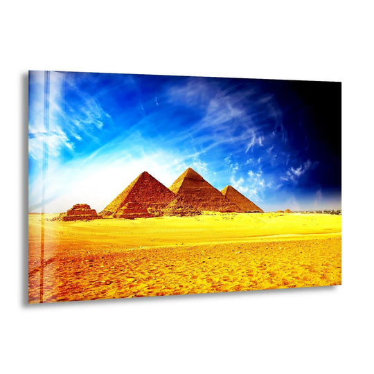 Highlighting the abstract quality, this Giza Pyramids glass print wall art transforms a timeless Egyptian landscape into a stunning play of color and geometric form.