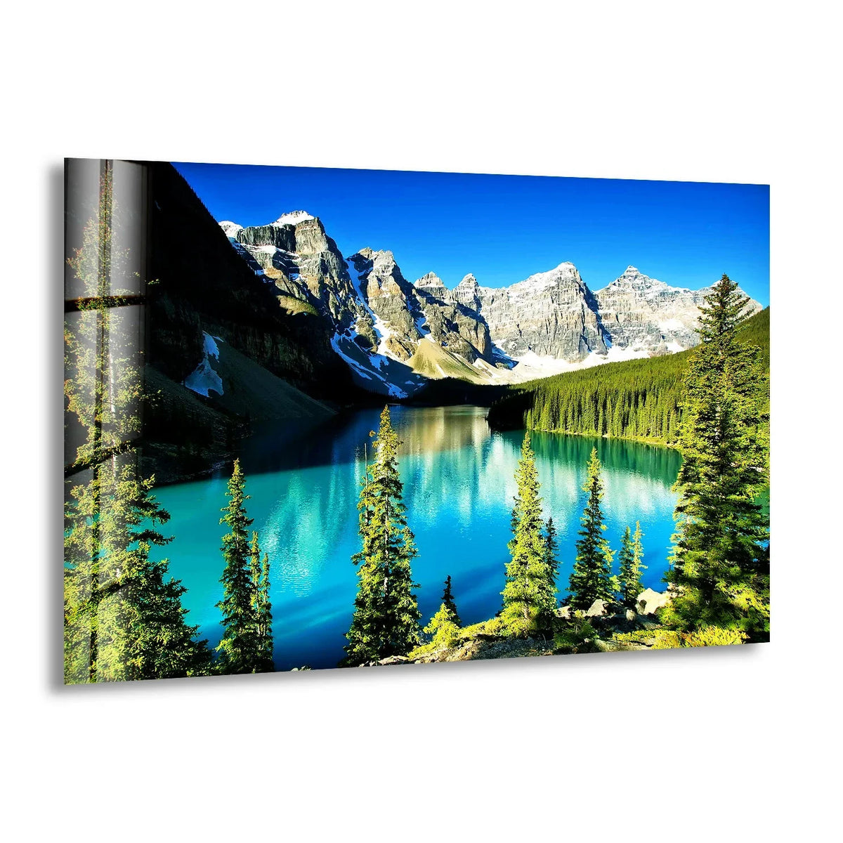 Swirling turquoise lake waters and evergreen trees offer a natural embrace in this alpine landscape glass wall artwork.