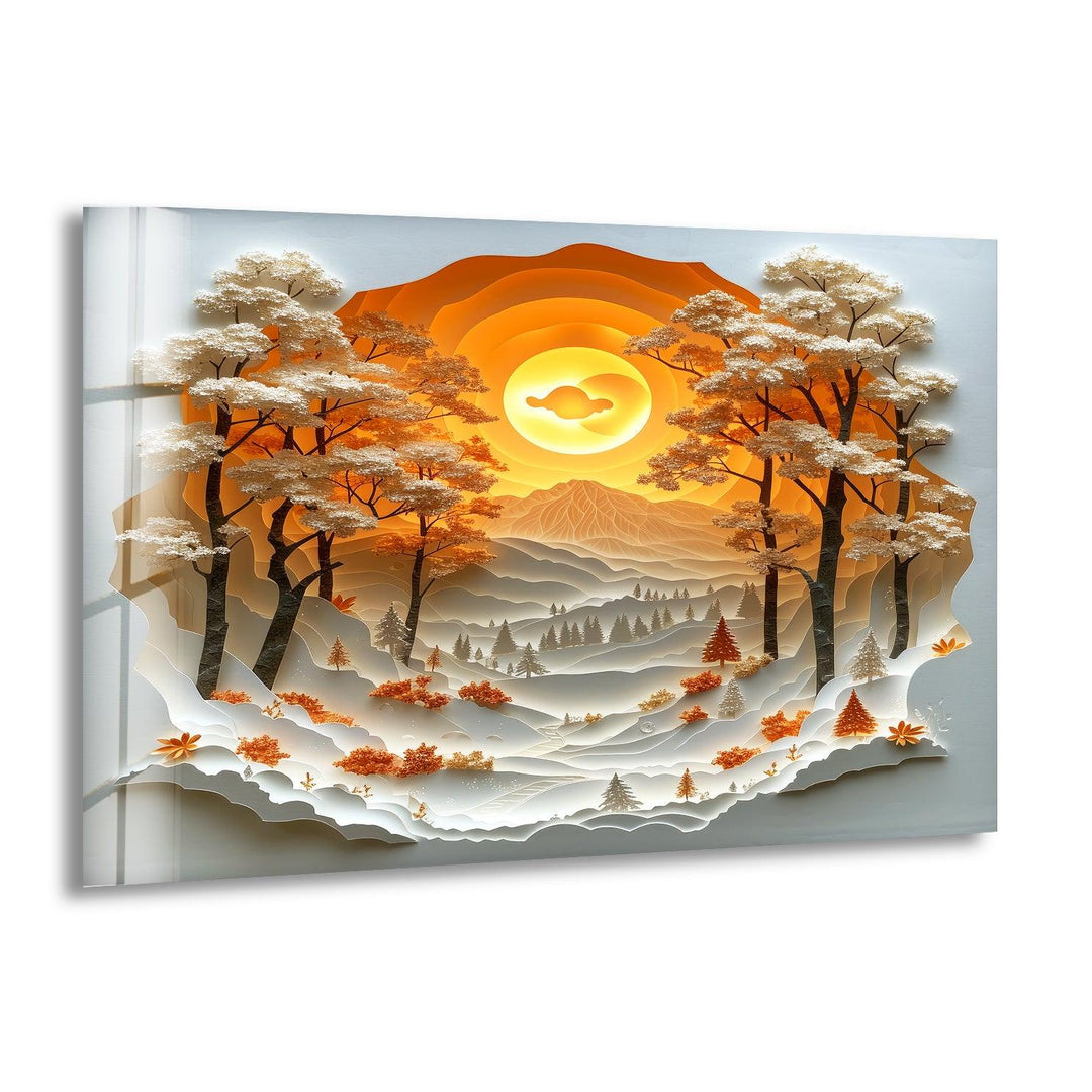 Glass wall art featuring a stunning layered forest design with a glowing sunset.
