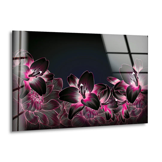 Horizontal rectangular pink botanical floral on black glass wall art showcases a sleek shape perfect for modern home decor.