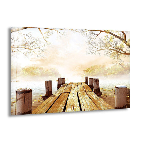 Rustic Wooden Dock at Sunrise – A Dreamy Lake Scene on Glass Wall Art
