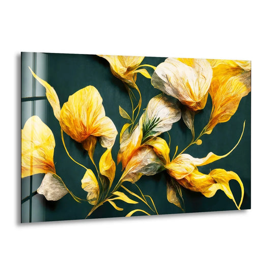 Flower glass wall art golden buds and green leaves with floral wall art design and natural elegance adding vibrant color