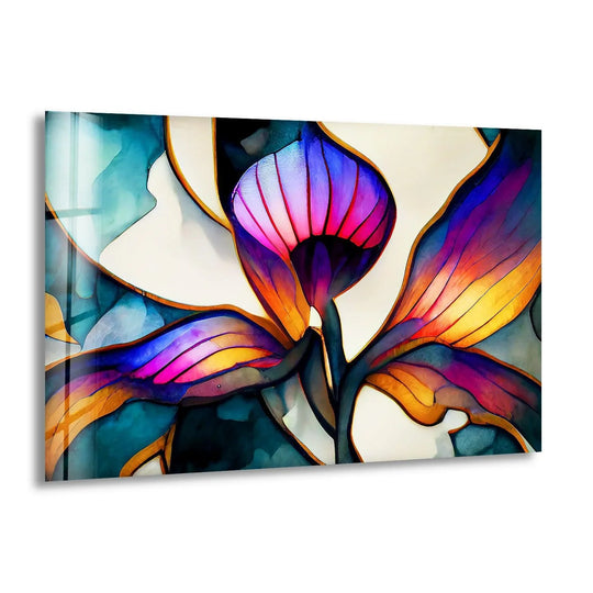 Vivid stained flower glass wall art showcases intricate, realistic details of a colorful bloom in unique modern wall decor.