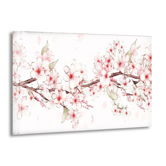 Delicate watercolor cherry blossoms illuminate this glass printing with their soft pink hues against a bright white background.
