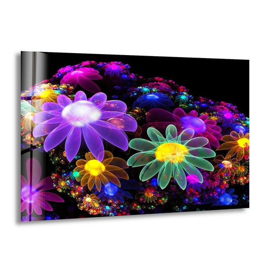 Illuminated neon flowers bursting with vibrant colors command attention as the loudest element in this stunning glass wall art, perfect for brightening up your home decor.
