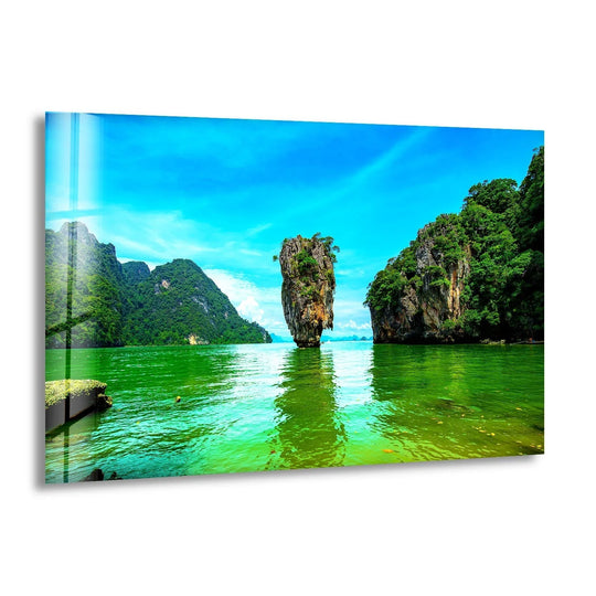 James Bond Island glass wall art showcasing the emerald-green waters of Phang Nga Bay.
