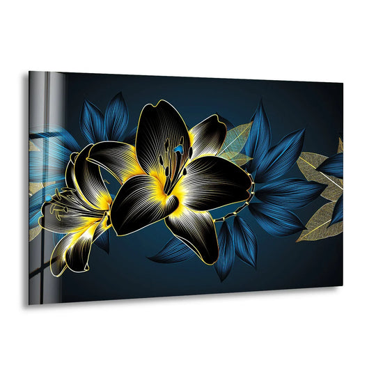 Play of light and shadow enhances the black and yellow vintage luxury floral glass wall art decor, creating depth and dimension on the glass flower art.