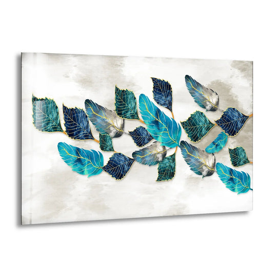 Flower glass wall art blueish and golden leaves and modern luxury art