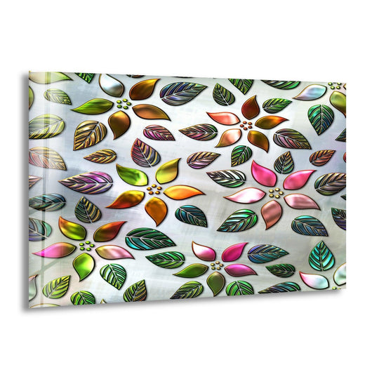 Illuminating the brightest area, this silver floral pattern hanging wall art showcases vibrant, iridescent leaves on a reflective glass surface.