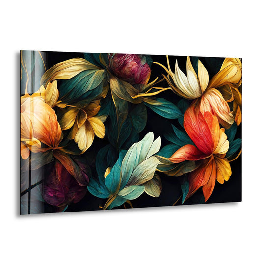 Blending from vibrant reds and oranges to soft yellows, this floral glass wall art showcases a seamless glass printing color transition amidst botanical elements.