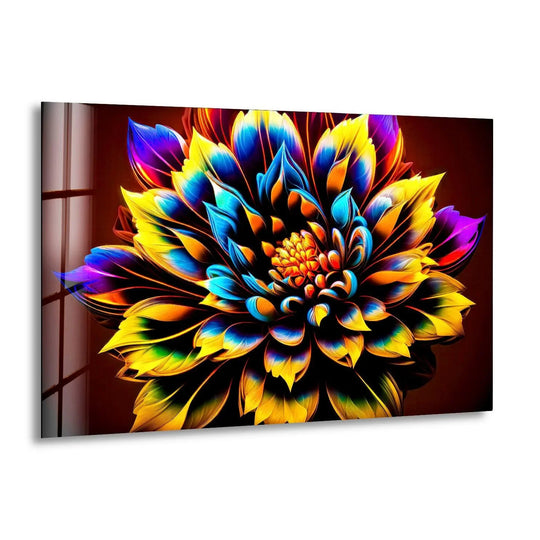 The stillness of the multicolored dahlia flower in this glass wall art is captured with vibrant detail through high-quality glass printing, creating a striking floral display.