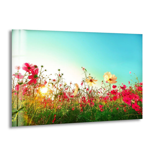 Vibrant poppies bloom on durable, high-quality tempered glass wall art, showcasing rich color and lasting beauty.