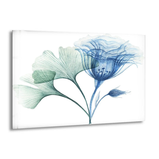 A striking watercolor pastel blue flower and ginkgo leaves create a vibrant focal point on this decorative wall art.