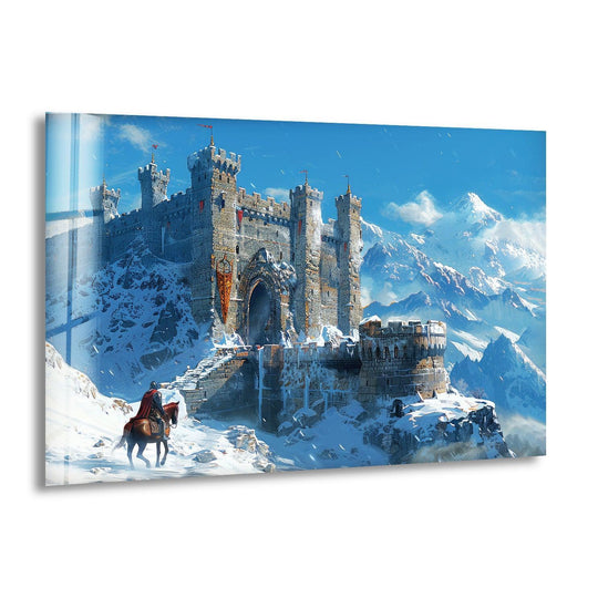 Snowy slopes accentuate the organic forms of this castle glass wall art, with the fortress walls rising from the wintry landscape through expert glass printing.