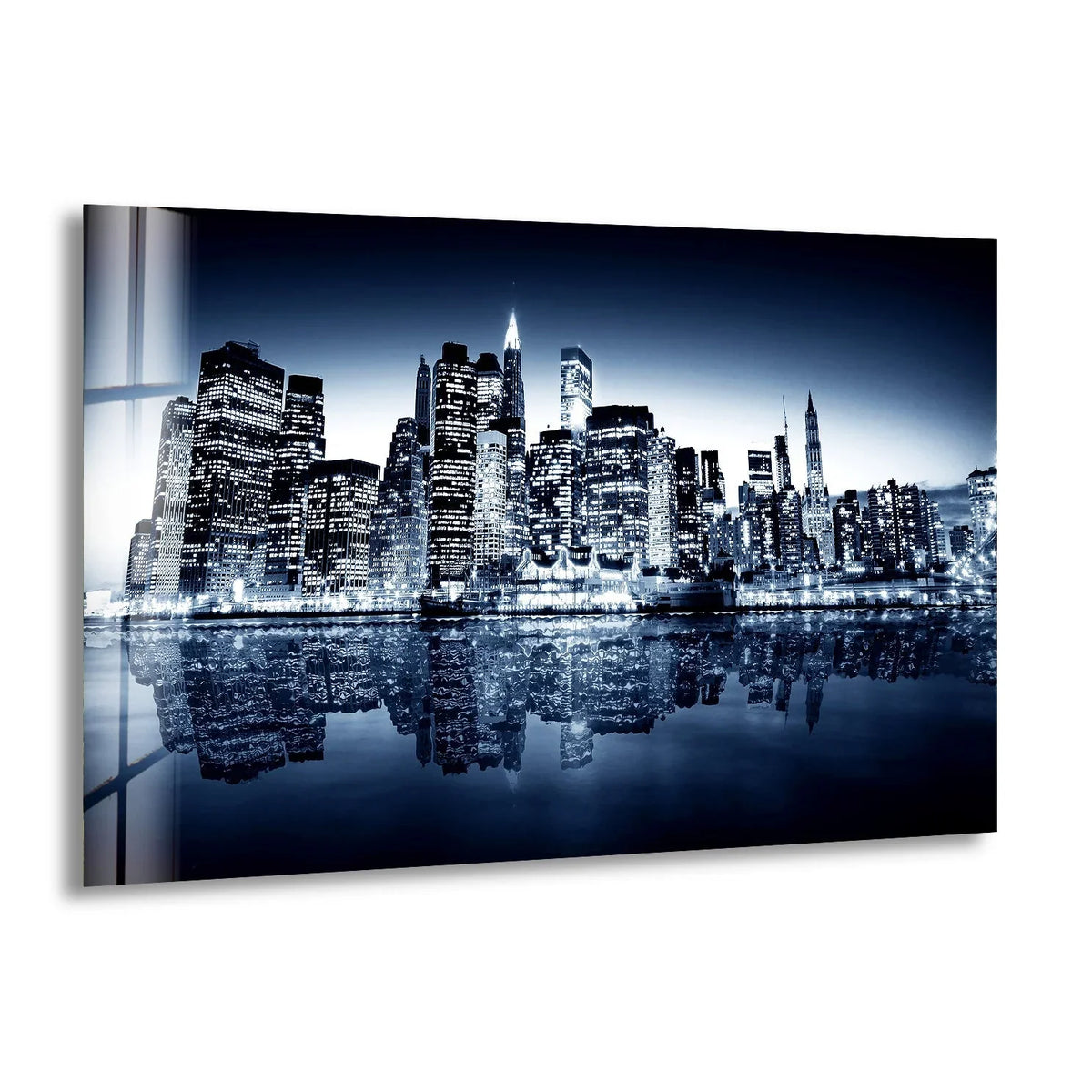 Illuminated city lights create a captivating glass art painting, seamlessly transitioning from a dark, twilight sky to the mirrored depths below.