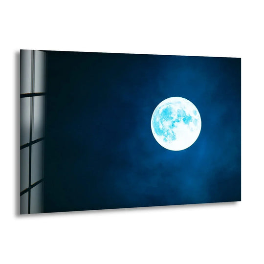 Full Moon Glow – A Celestial Glass Wall Art featuring a luminous moon against a deep night sky.
