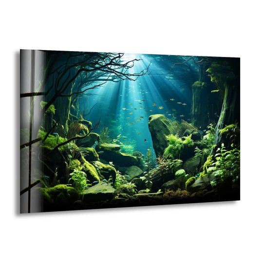The landscape glass wall art shows an underwater forest with sunlight and fish offering nature art and aquatic views