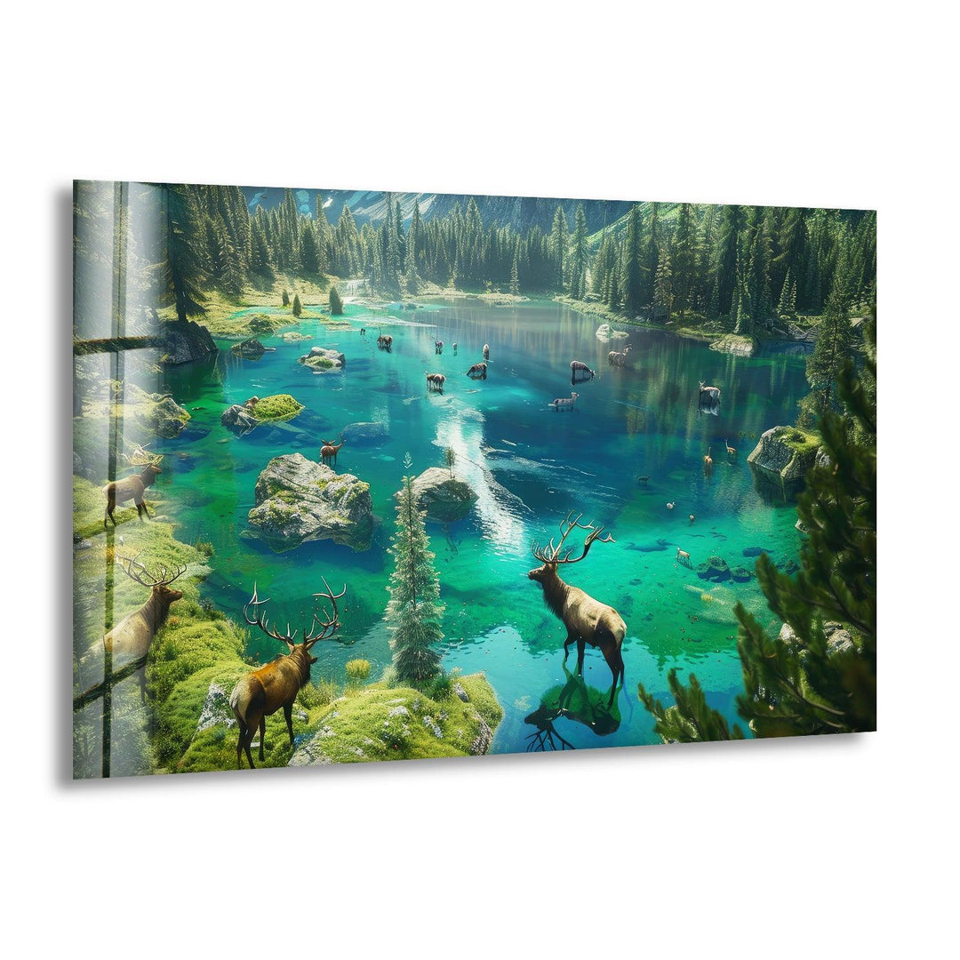 Wildlife meets nature in this captivating glass wall art featuring a lush forest lake.
