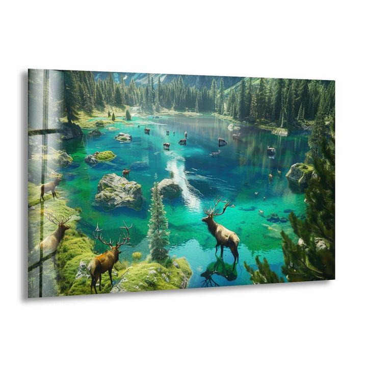 Wildlife meets nature in this captivating glass wall art featuring a lush forest lake.
